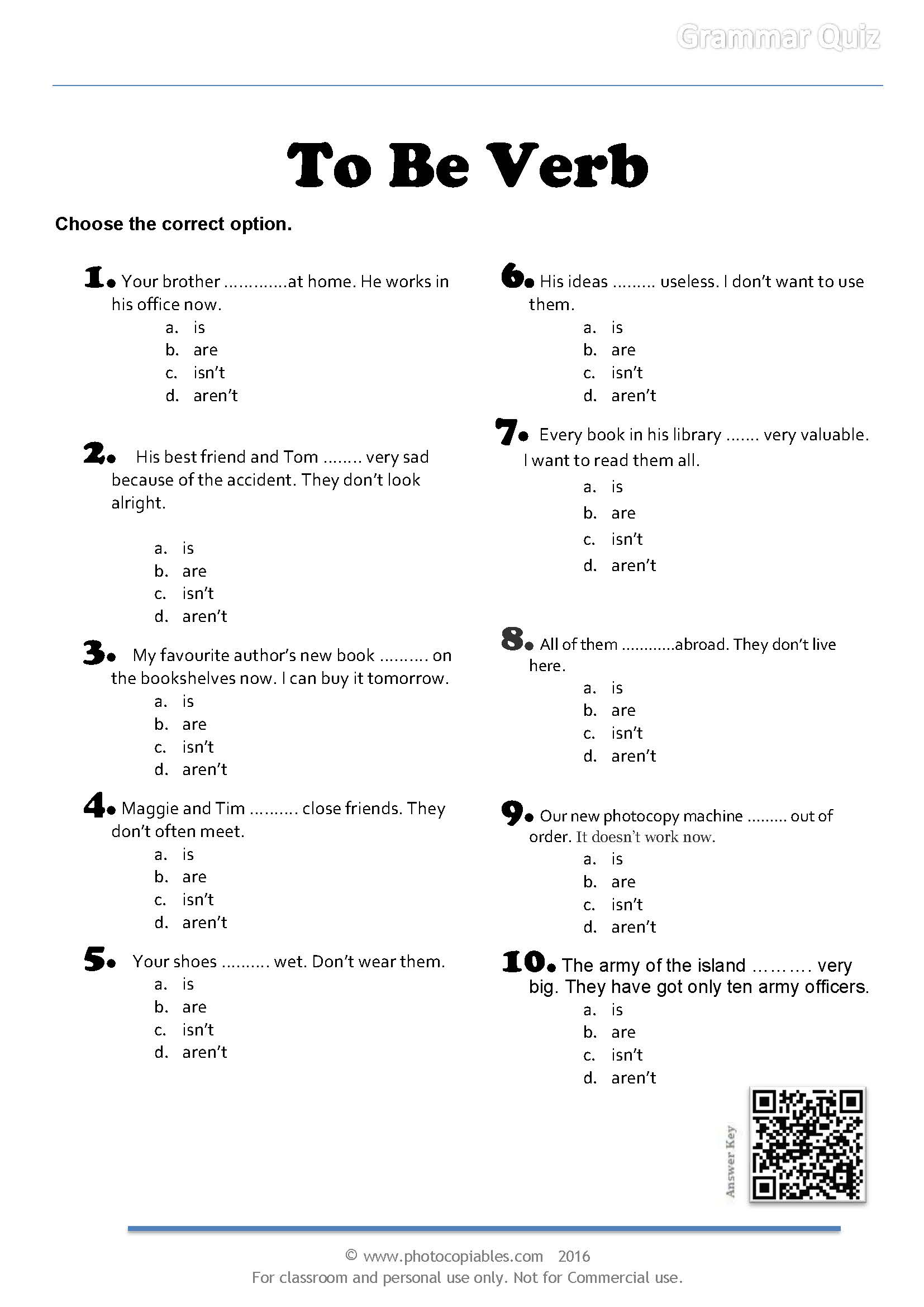 To Be Verb Grammar Quiz | Photocopiables inside Free Grammar Quizzes Printable