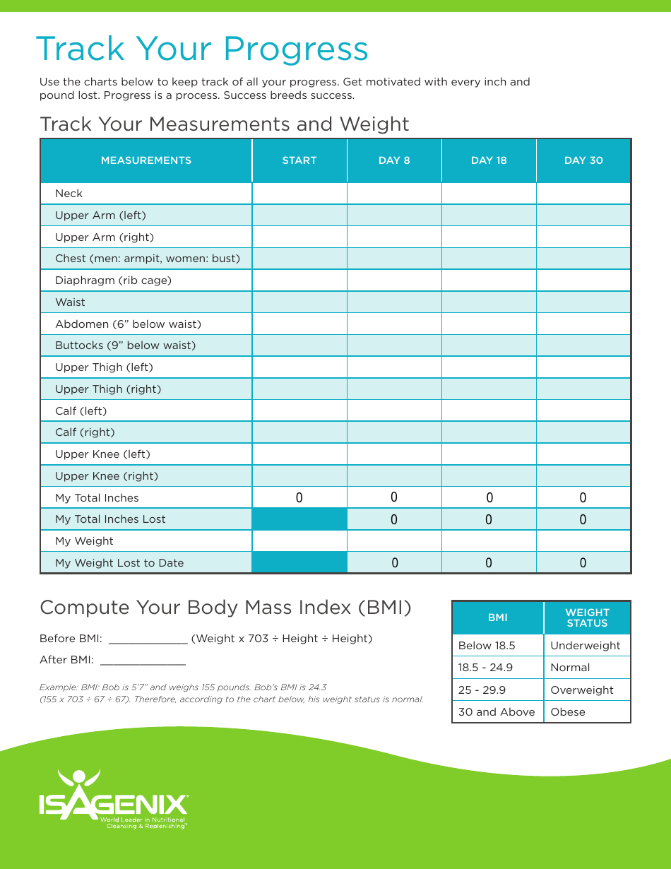 Tracking Progress Measurements And Weight Chart Template throughout Isagenix Measurement Chart Printable