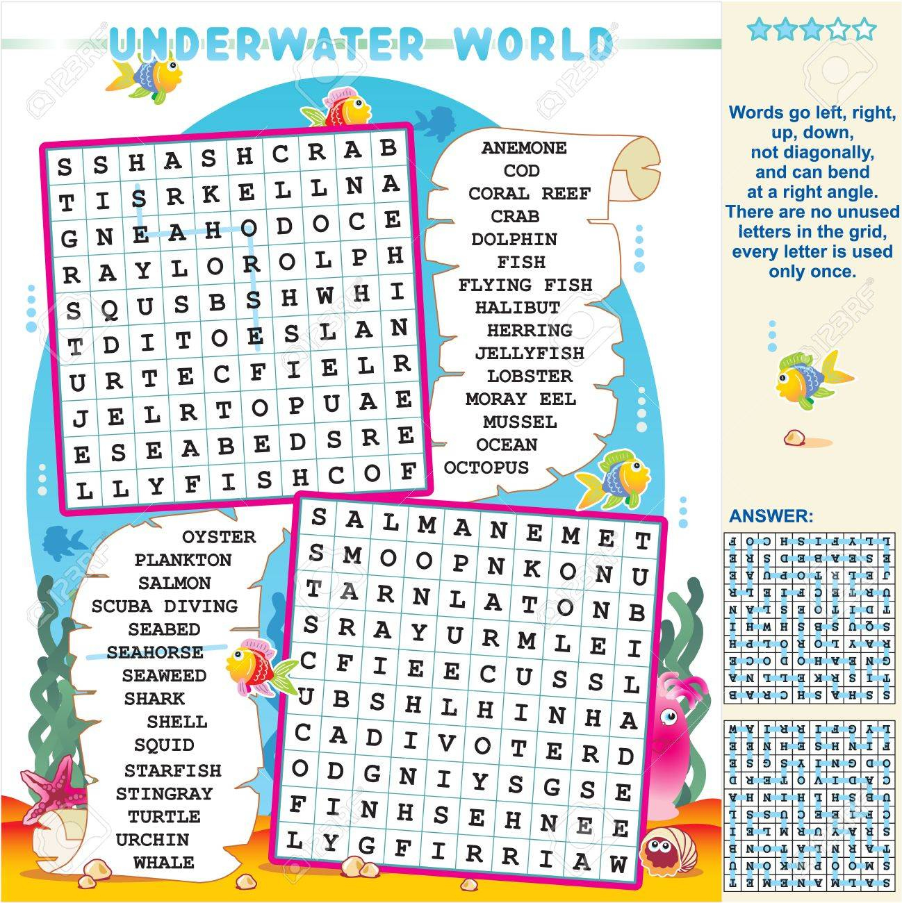 Underwater World Zigzag Word Search Puzzle, Answer Included inside Free Printable Zigzag Word Search Puzzles