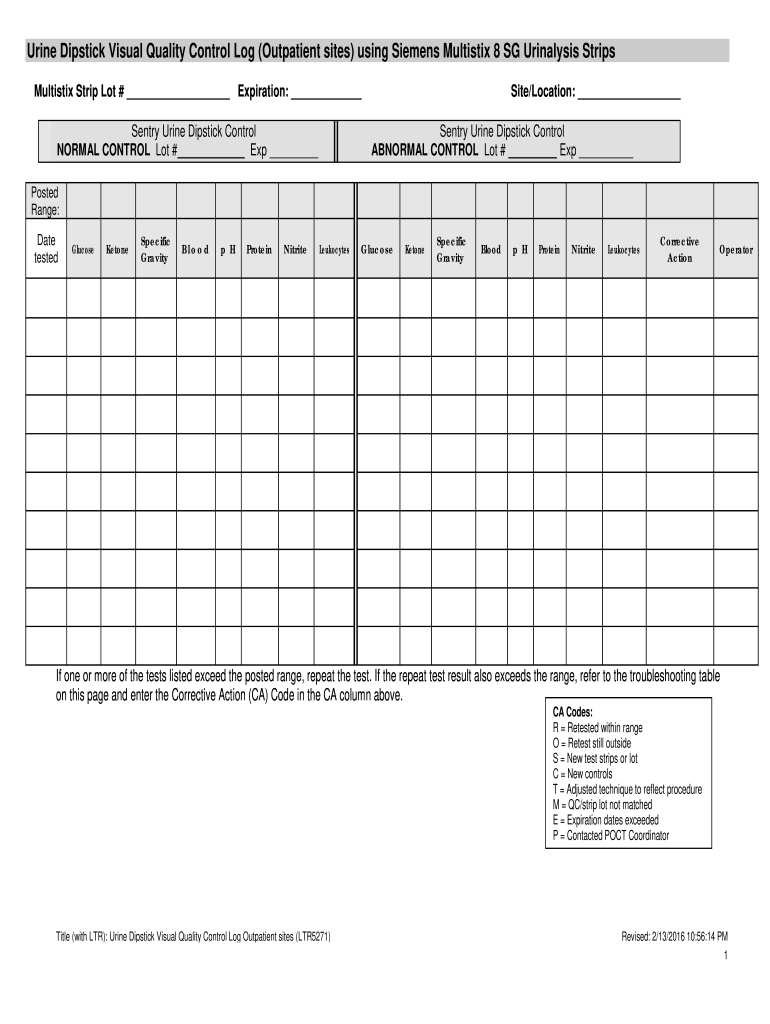 Urinalysis Quality Control Log - Fill Online, Printable, Fillable within Urine Dipstick Results Chart Printable