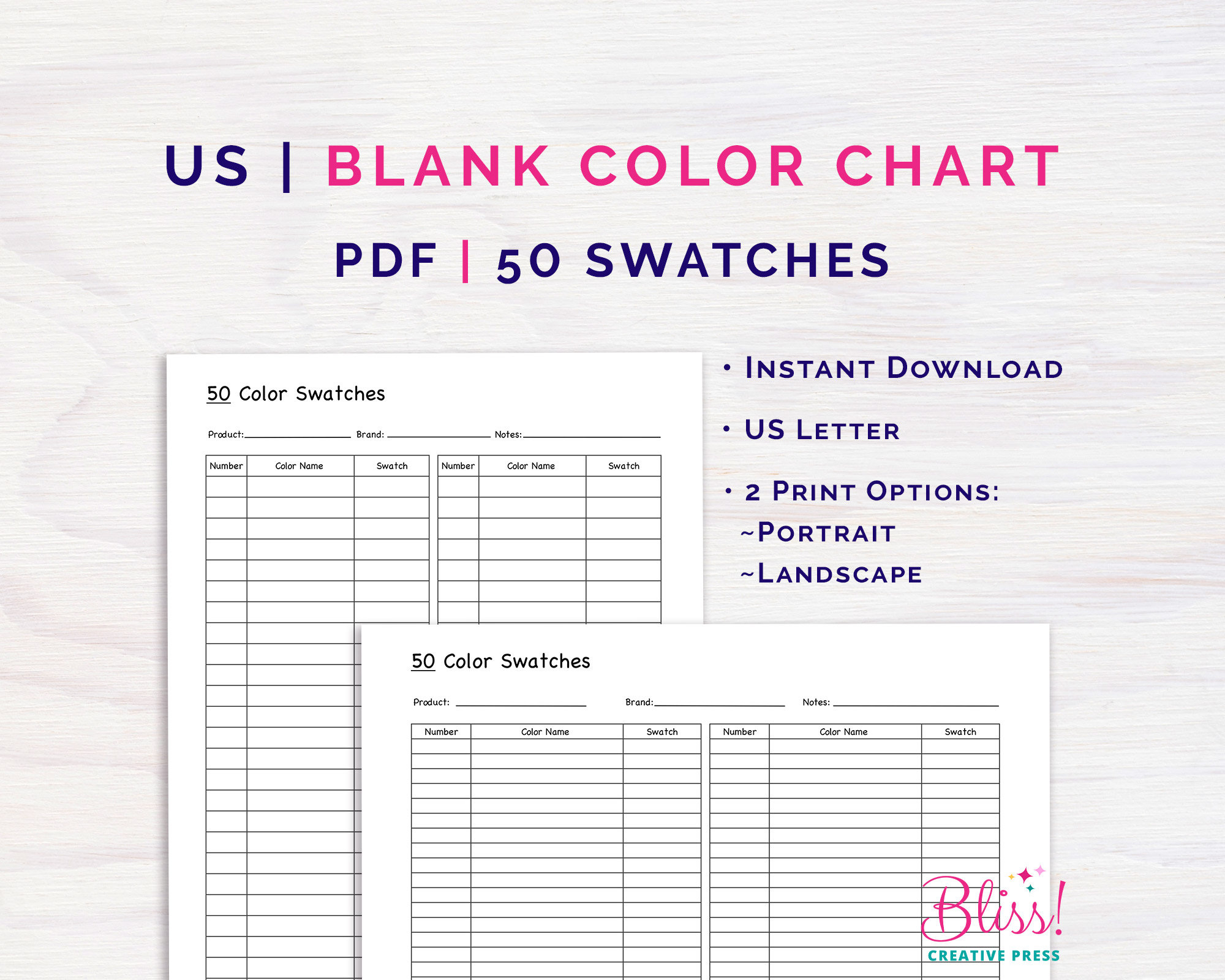 Us Blanko Farbpalette | 50 Farben | Us Letter Hochformat + with Blank Color Chart Printable