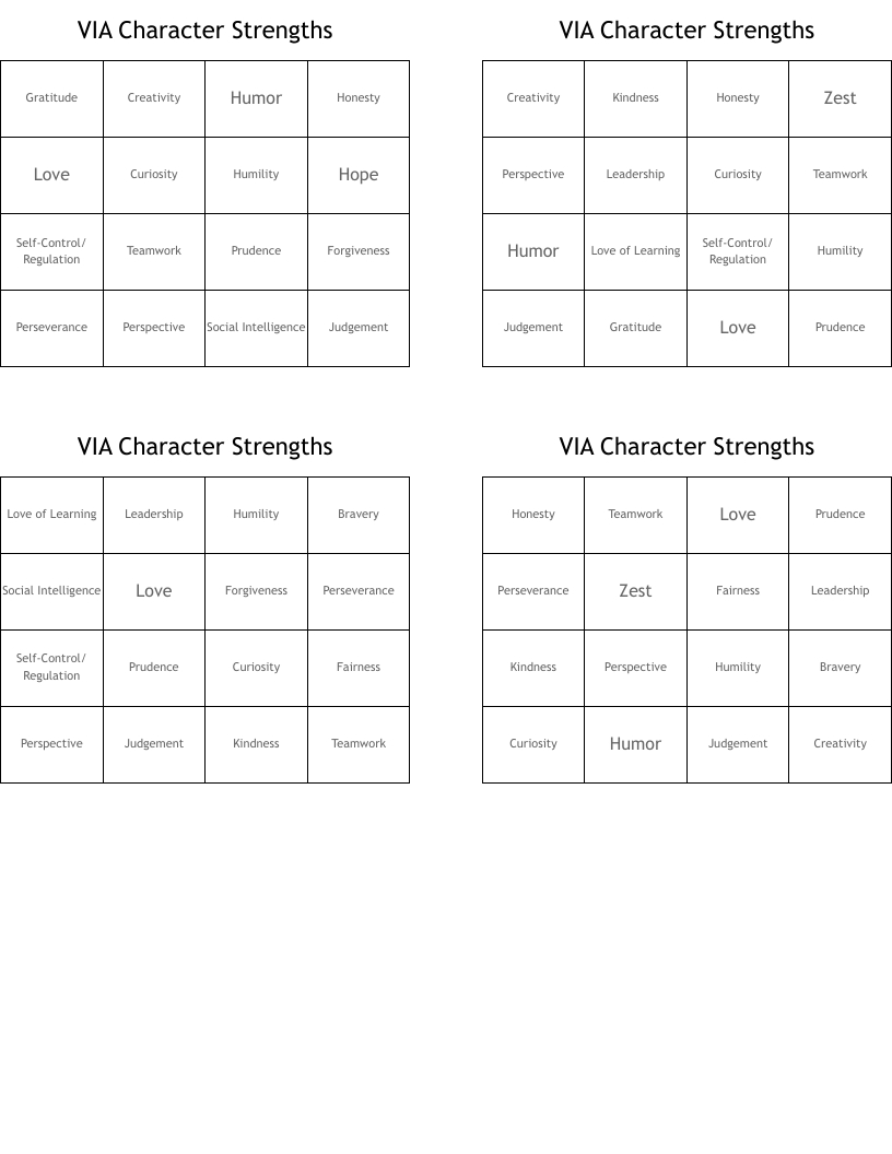 Via Character Strengths Bingo Cards - Wordmint with Free Character Strength Cards Printable