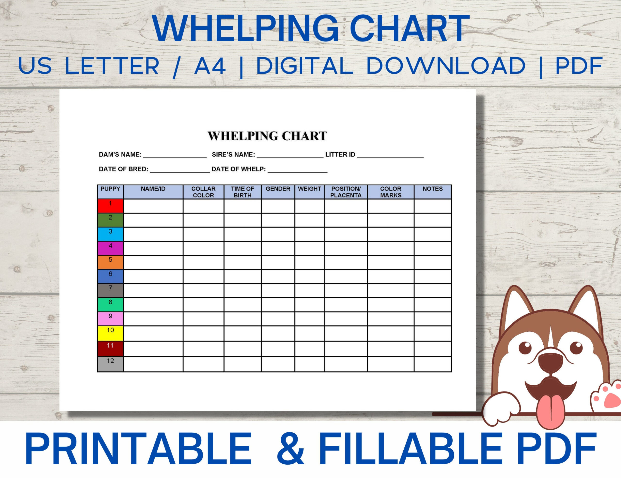 Whelping Chart Editable, Whelping Record, Puppy Whelping, Breeder in Whelping Chart Printable
