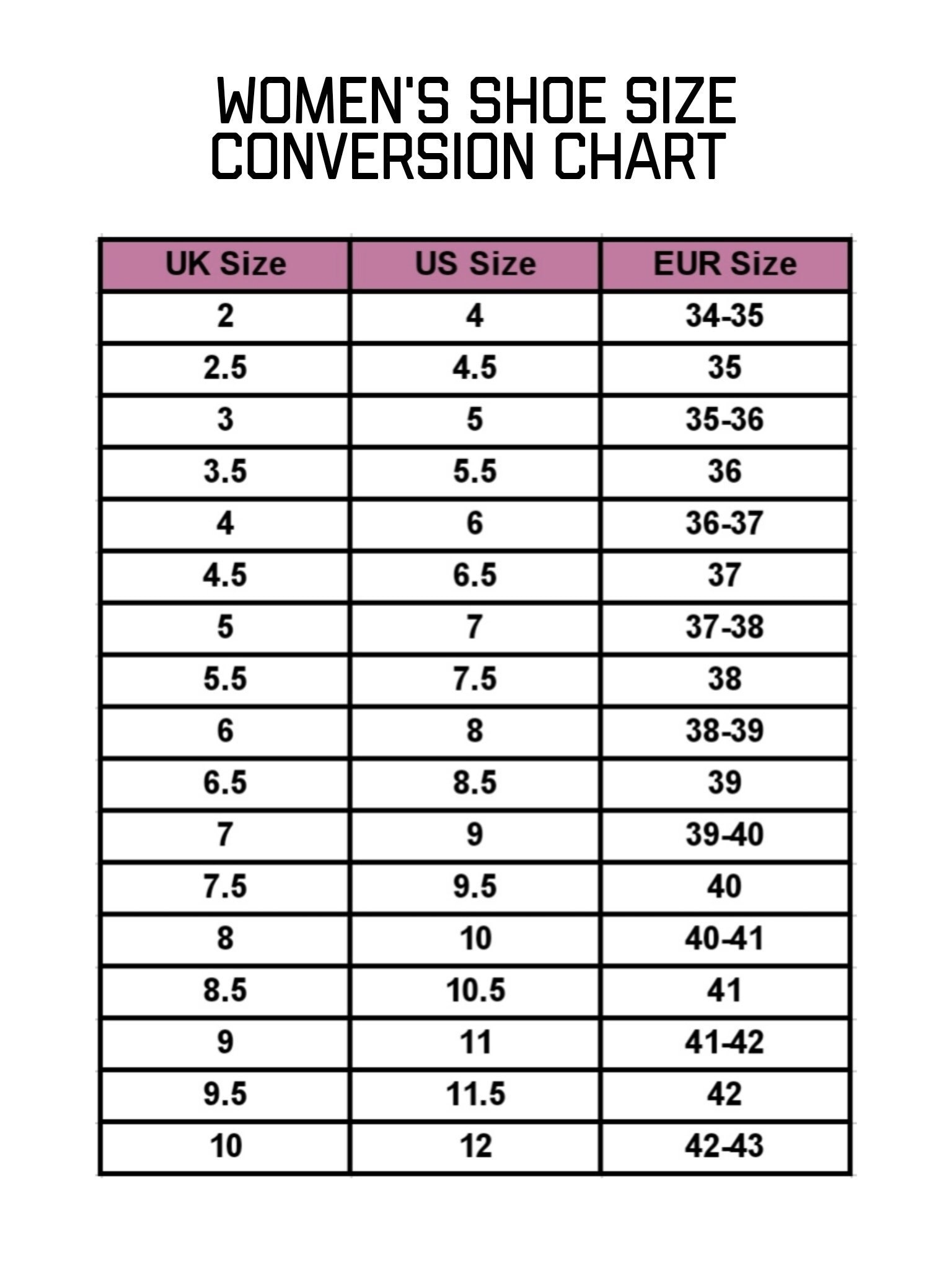 Women&amp;#039;S Shoe Size Conversion Chart, Shoe Guide, Size Guide with Adult Shoe Size Chart Printable