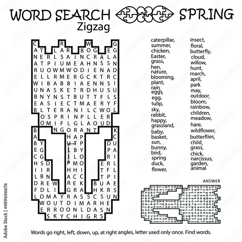Zigzag Word Search Puzzle With Tulip. Spring. Words Go Right, Left in Free Printable Zigzag Word Search Puzzles