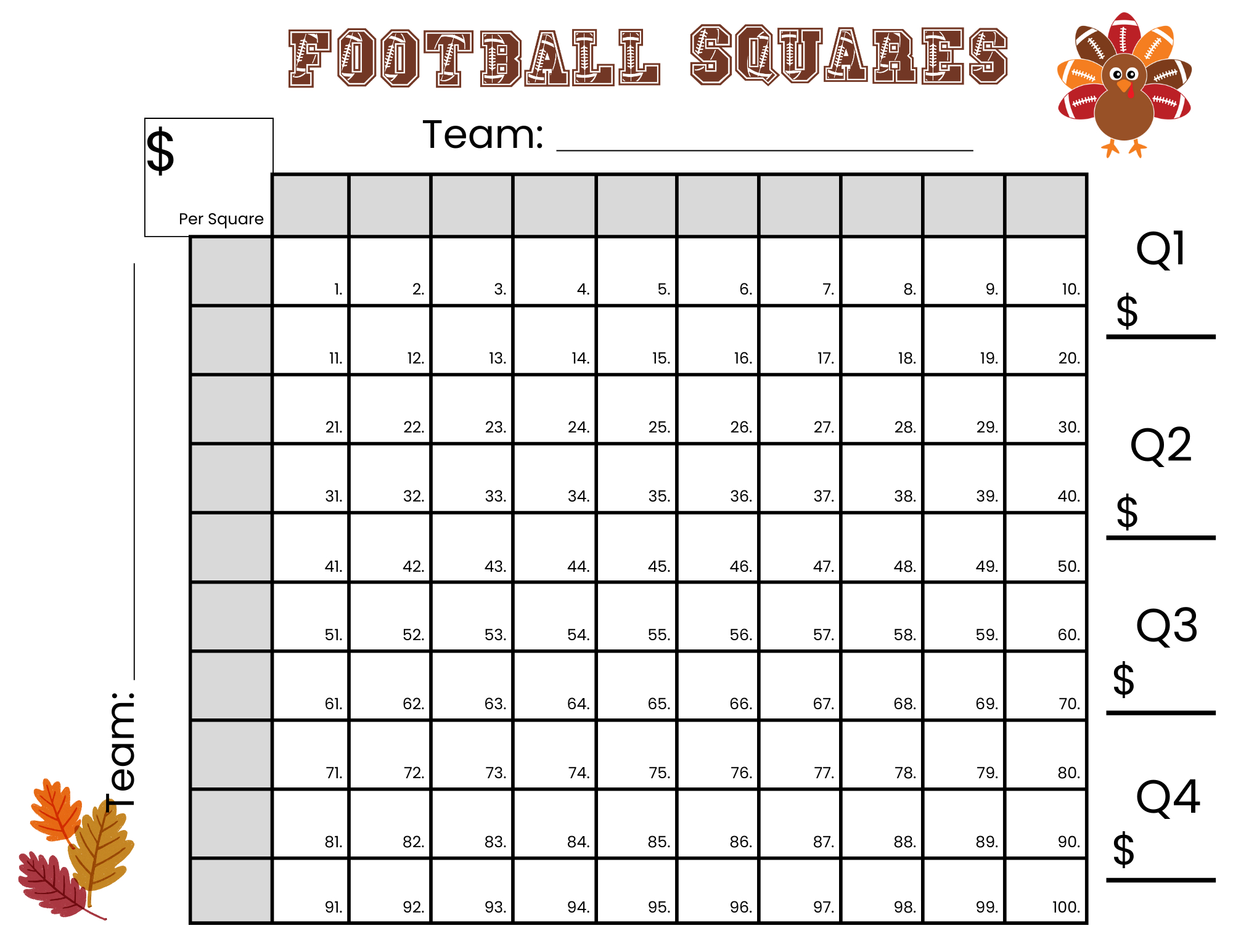 100 Thanksgiving Football Squares Game Printable throughout Free Printable 100 Square Football Board