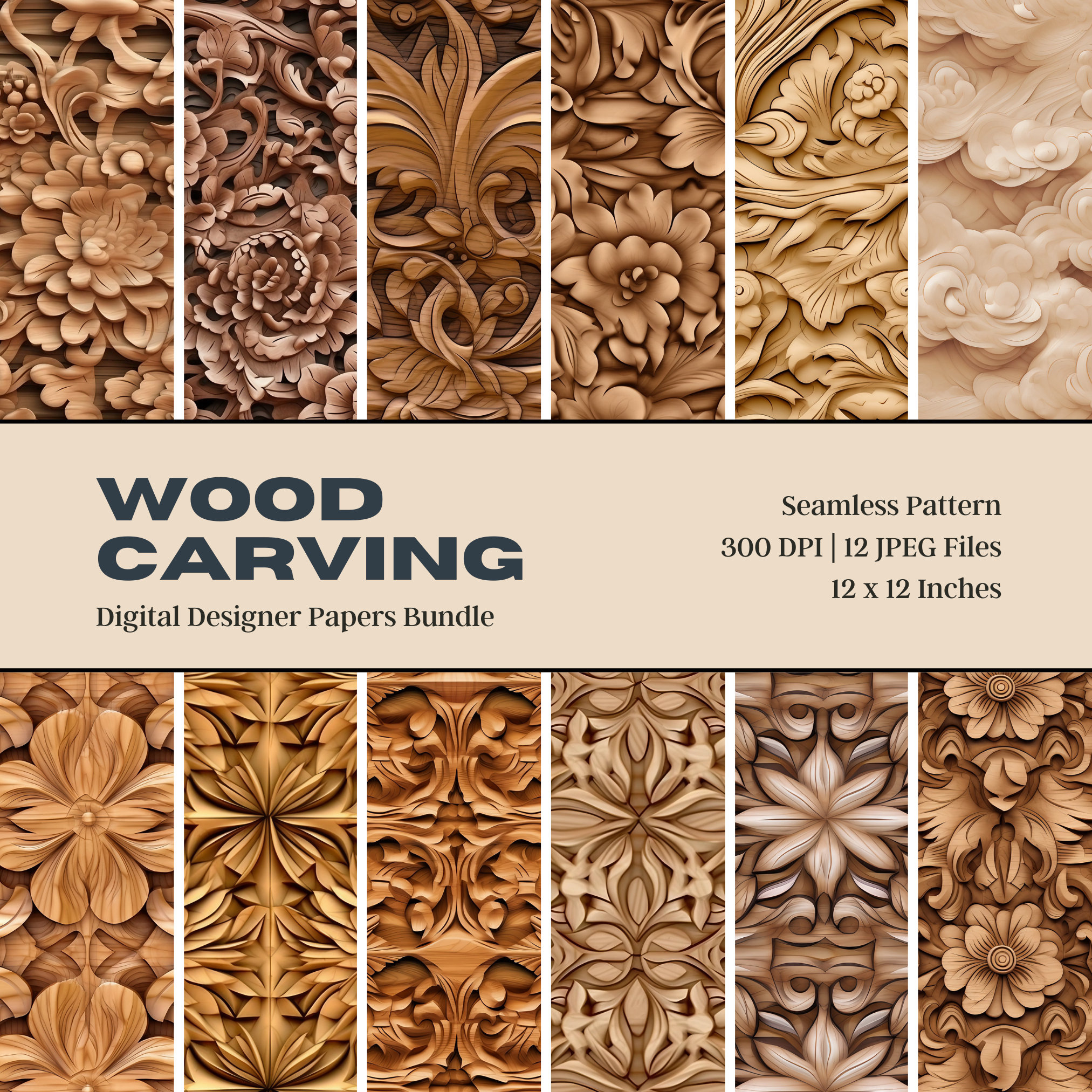 12 Wood Carving Digital Paper, Seamless Design, Wood Textures for Carving Pattern Fan Wood Printable