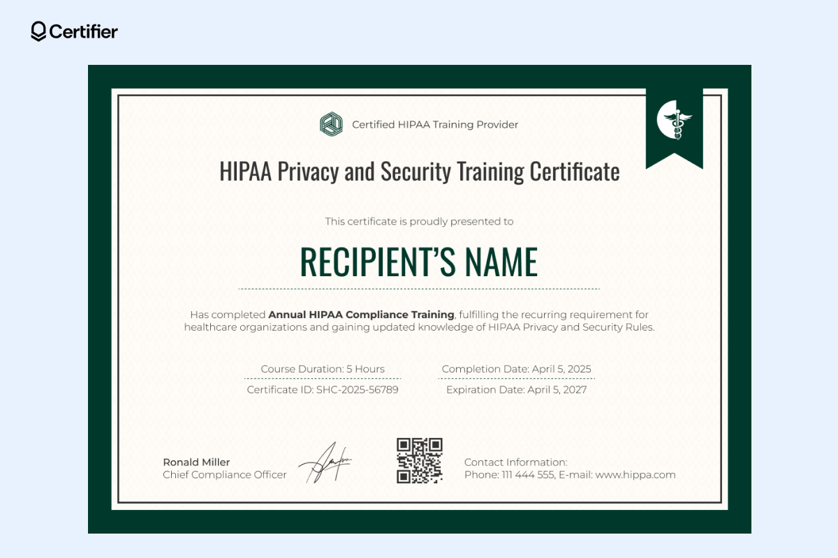 15 Hipaa Training Certificate Templates To Print intended for Free Hipaa Training Materials Printable