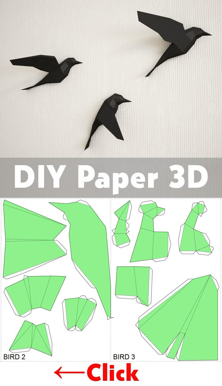 3D Papercraft Birds On Wall, Diy Paper Model Sculpture, Origami intended for Free Printable 3D Bird Template