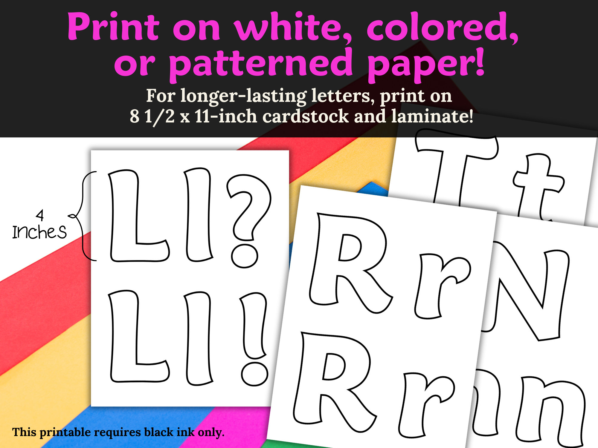 4 Inch Printable Bulletin Board Letters, Black Ink Outline in Printable 4 Inch Letters Stencils
