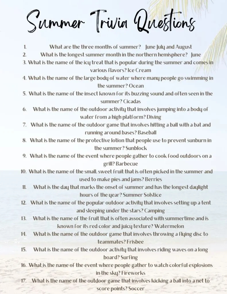 50 Fun Summer Trivia Questions For Kids With Free Printable with Free Printable Trivia Questions