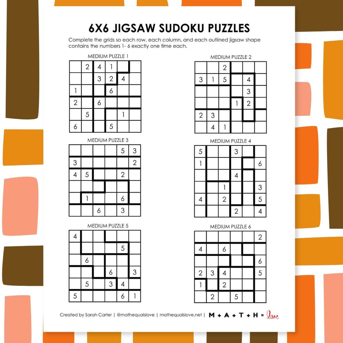 6X6 Jigsaw Sudoku Puzzles (Free Printable Pdf) for Free Printable Jigsaw Sudoku
