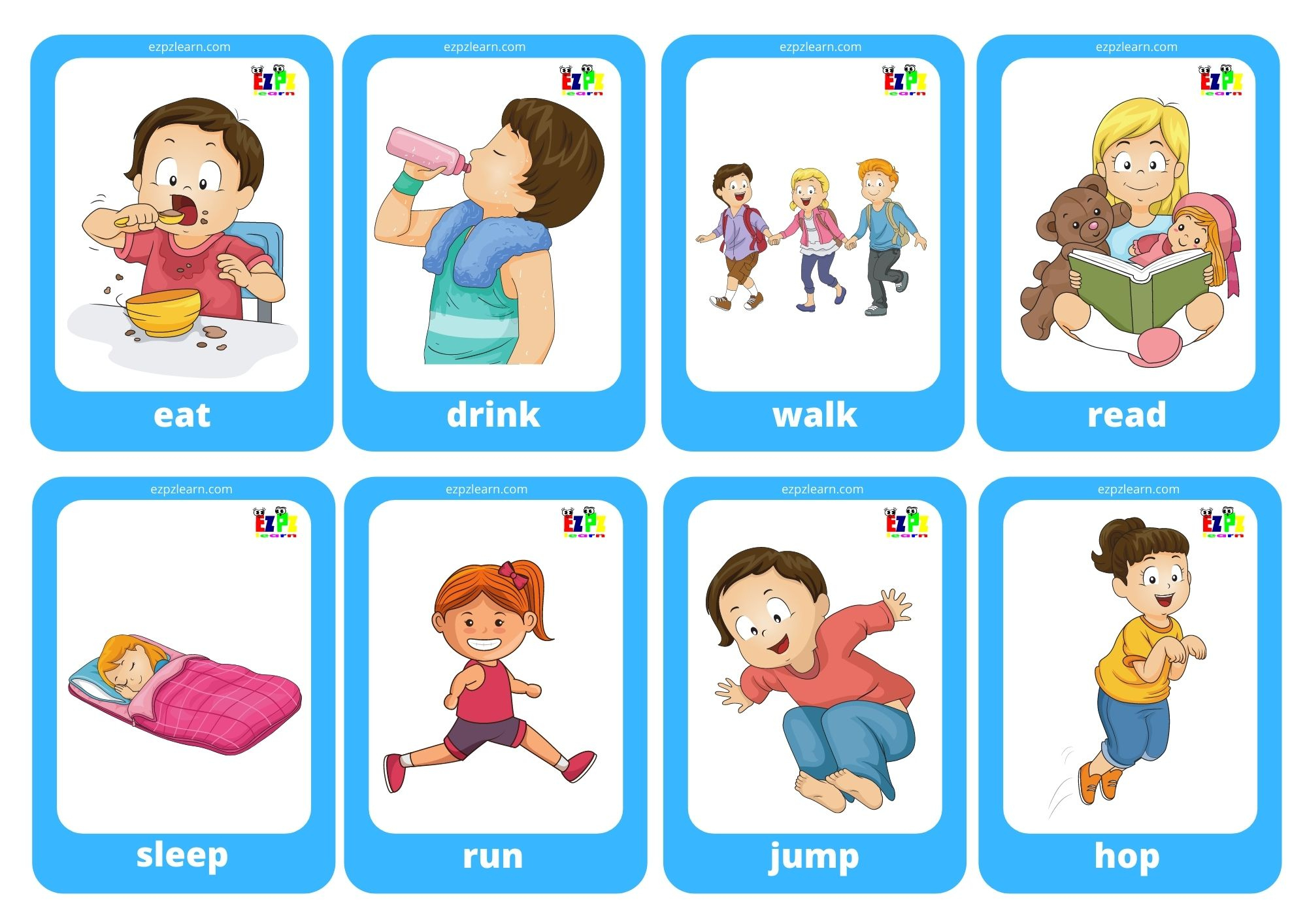 Action Verbs Game Cards / Mini Flashcards - Ezpzlearn within Free Printable Action Flashcards