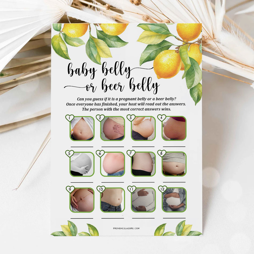 Baby Belly Or Beer Belly Lemon Baby Shower Game - Printable Citrus with regard to Beer Belly Or Pregnant Belly Free Printable With Answers