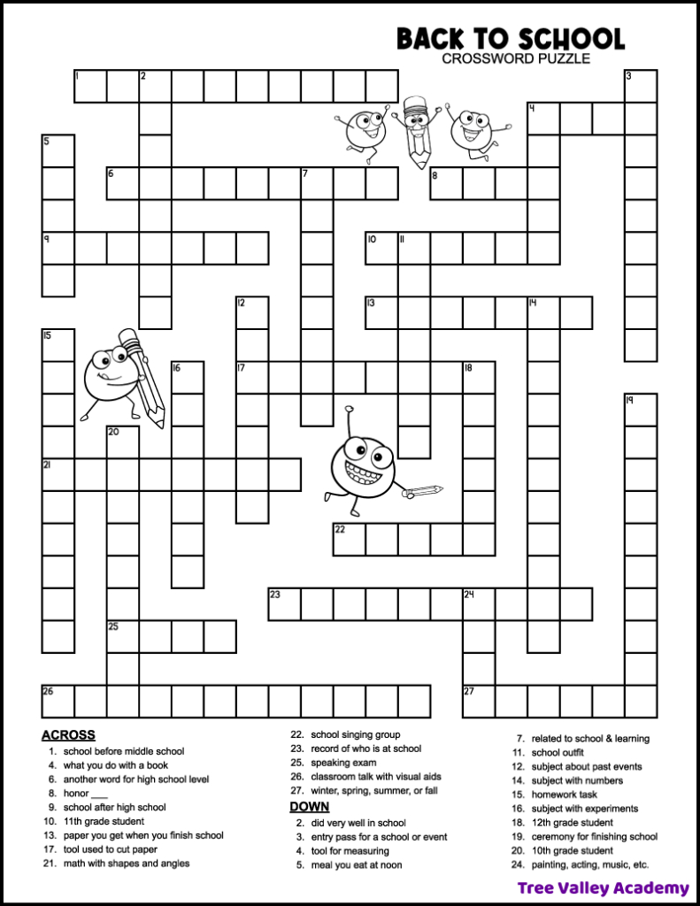 Back To School Crossword Middle School - Tree Valley Academy pertaining to Free Printable Crossword Puzzles For 6th Graders