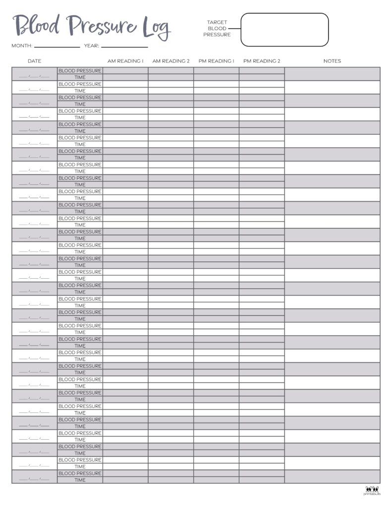 Blood Pressure Logs - 25 Free Printables | Printabulls for Daily Free Printable Blood Pressure Log Sheets