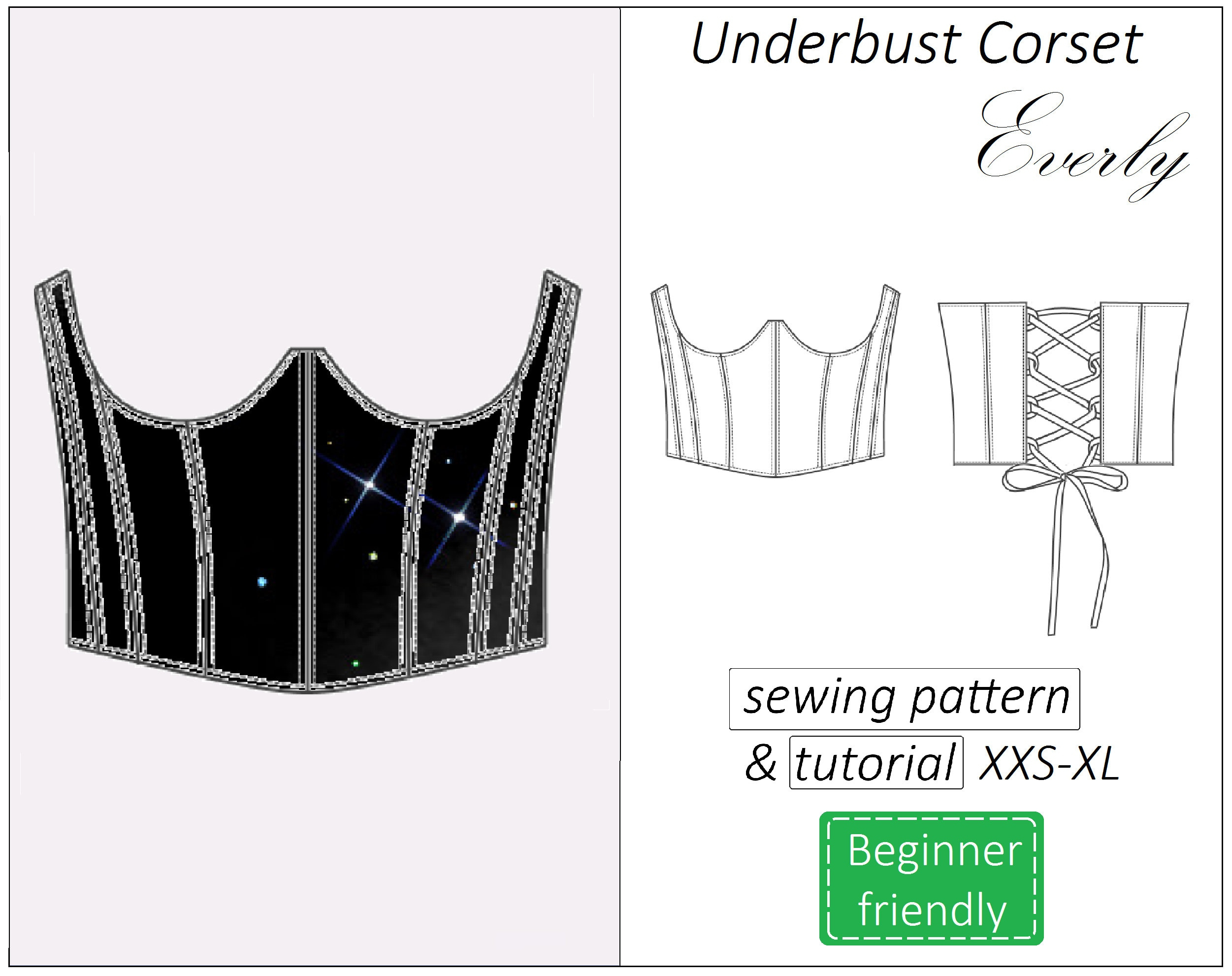 Corset Pattern, Double Sided Corset Sewing Pattern Pdf Underbust in Printable Underbust Corset Pattern