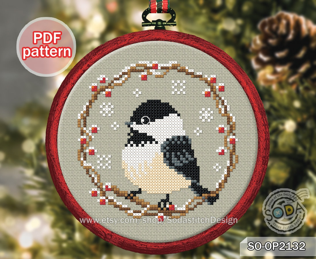 Cross Stitch Pattern Pdf Winter Birds Christmas Hoop Ornament in Free Printable Cross Stitch Pattern Christmas Chickadee
