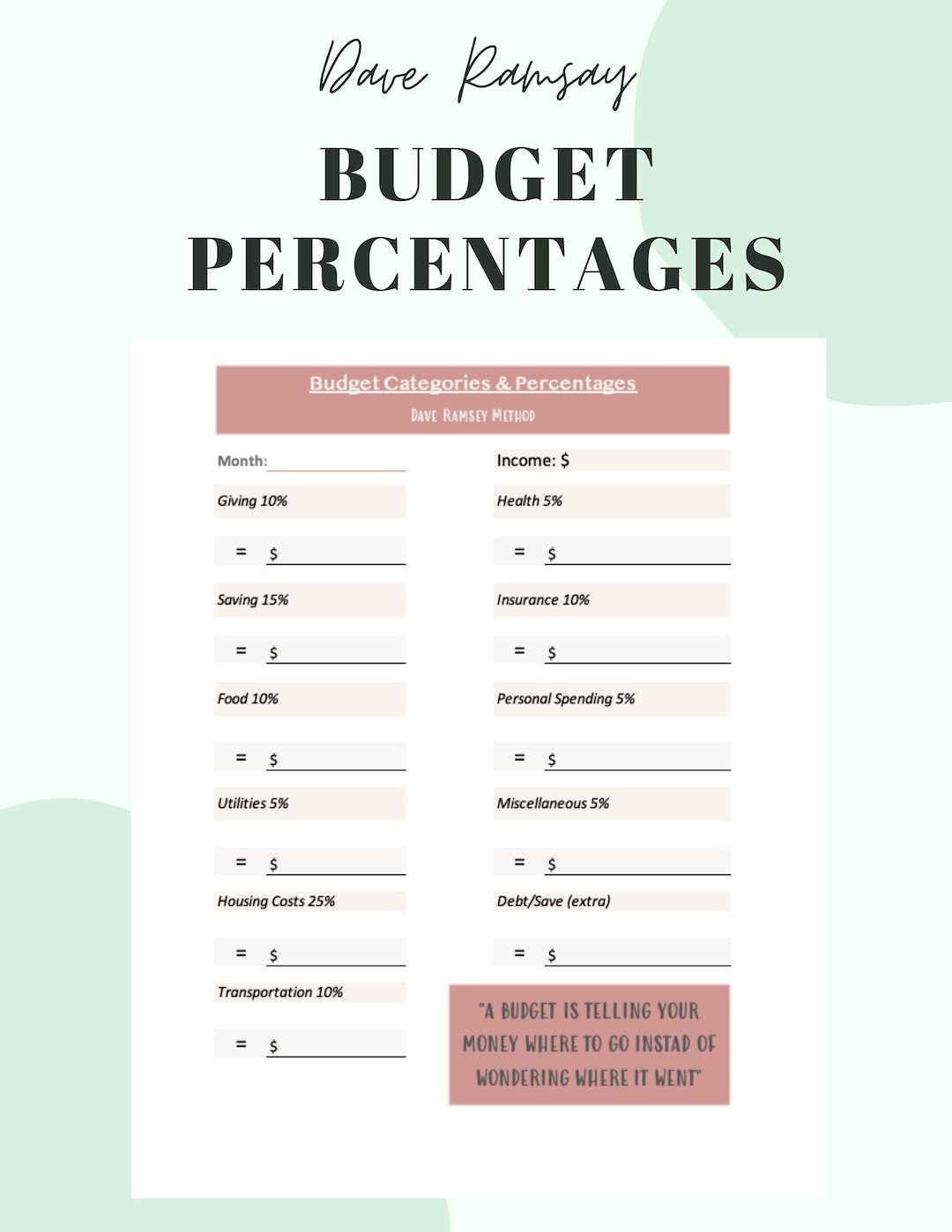 Dave Ramsey Budget Prozente Vorlage-Druckbare-Pdf-Download-Dave regarding Dave Ramsey Free Printable Budget Forms