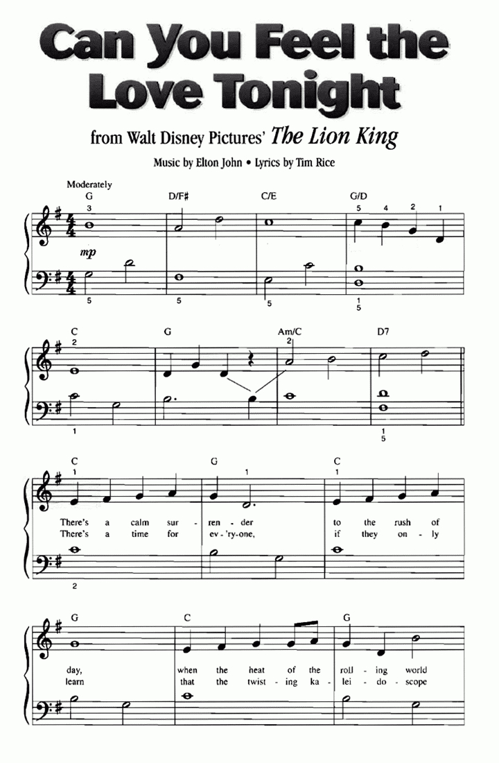 Disney Can You Feel The Love Tonight Easy Piano Sheet Music | Easy in Free Printable Disney Piano Music