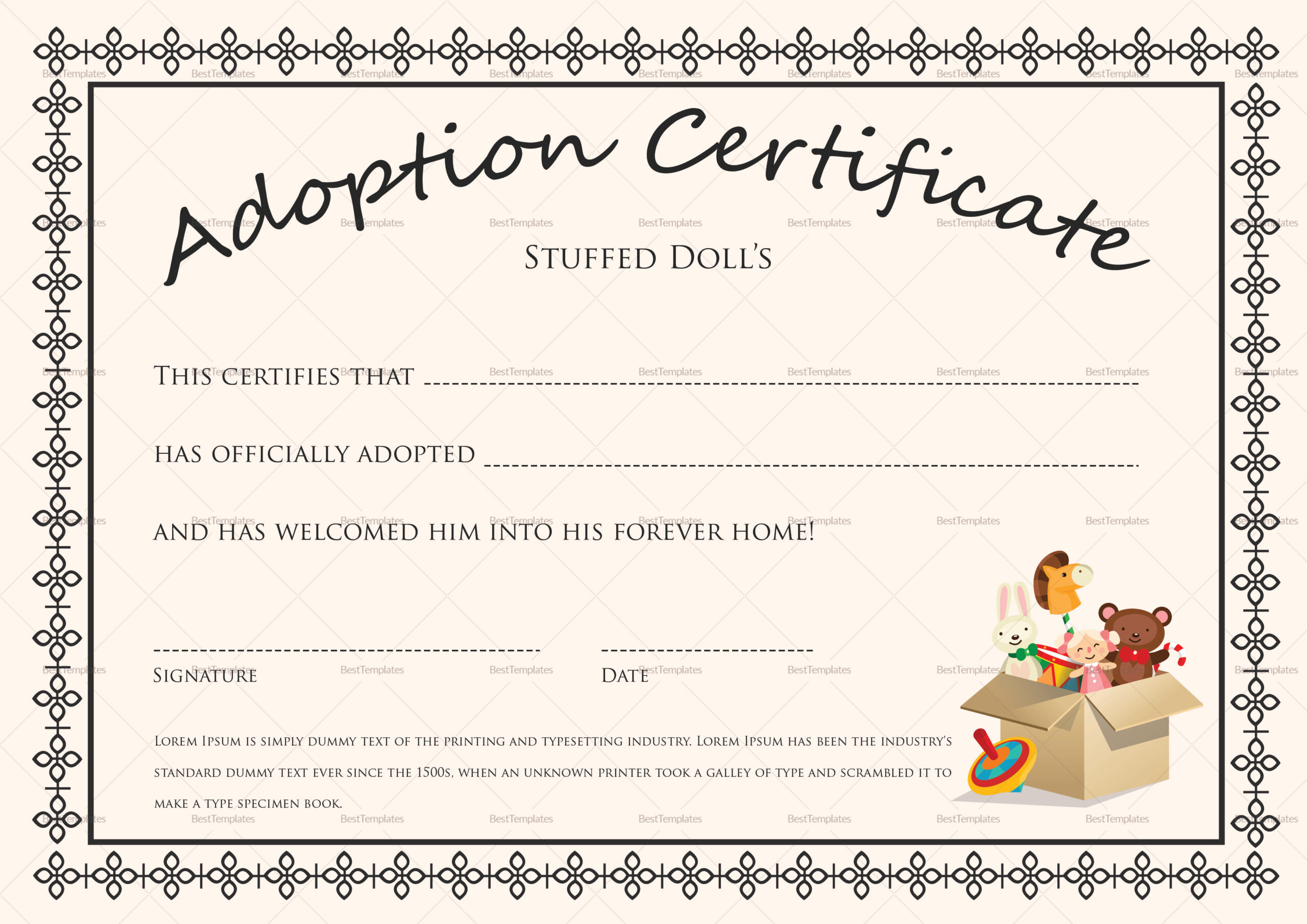 Doll Adoption Certificate Design Template In Psd, Word with regard to Free Printable Stuffed Animal Adoption Certificate