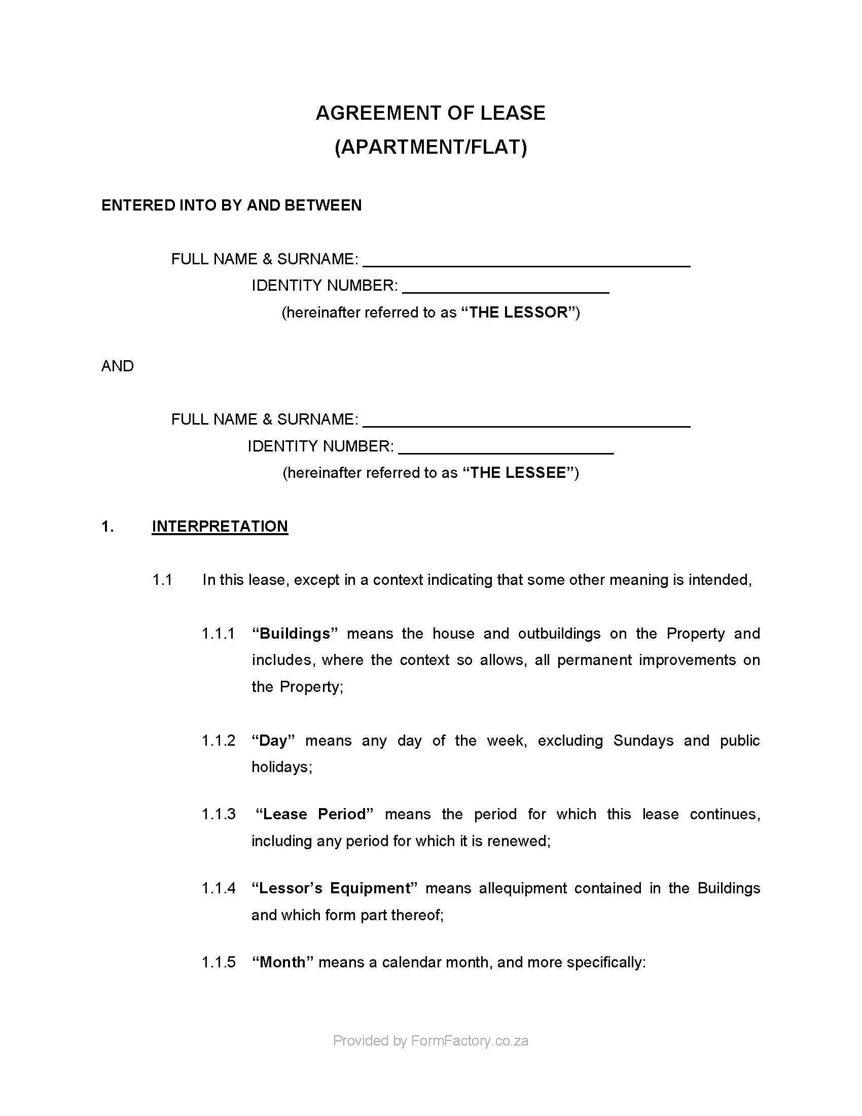 Download Residential Lease Agreement Template - Formfactory throughout Free Simple Residential Lease Agreement Template South Africa