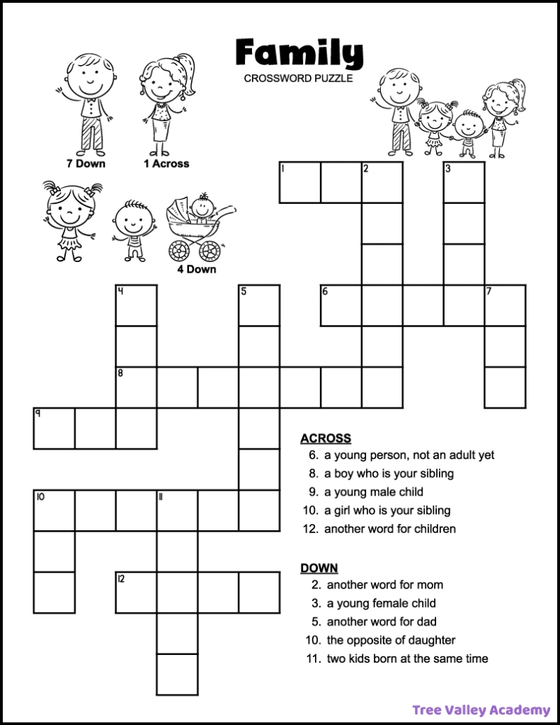 Easy Family Crossword Puzzle - Tree Valley Academy with regard to Free Downloadable Printable Crossword Puzzles