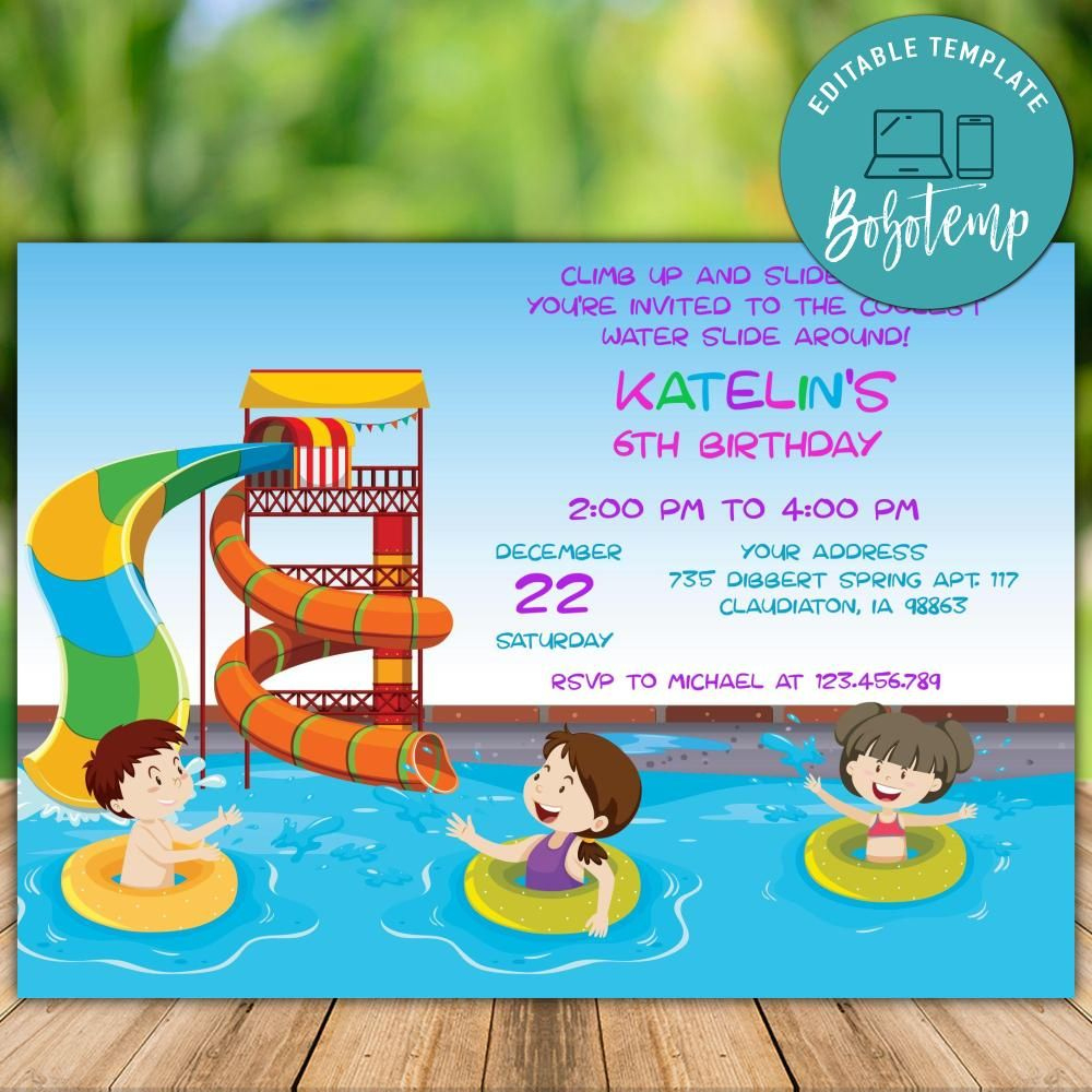 Editable Girl Water Park Birthday Invitation Instant Download inside Free Printable Water Slide Invitations