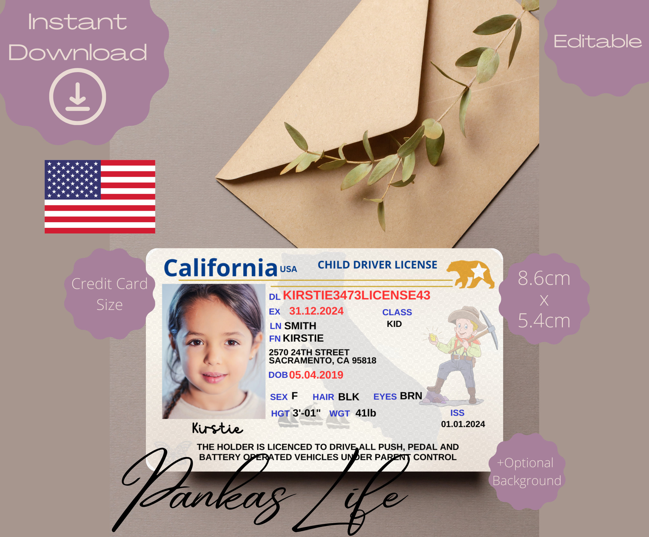 Editable Pretend Play Usa Driver License For Kids, California inside Free California Drivers License Template Editable