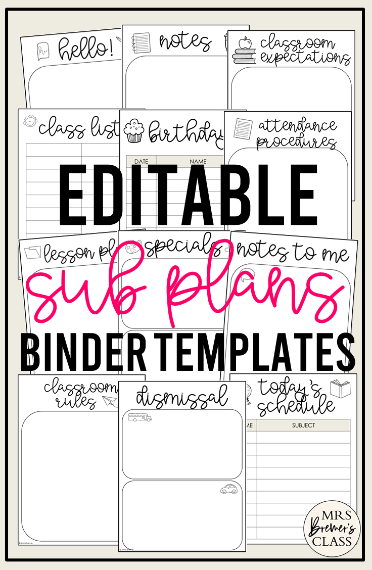 Editable Sub Binder Templates | Mrs. Bremer&amp;#039;S Class pertaining to Free Substitute Teacher Binder Printables