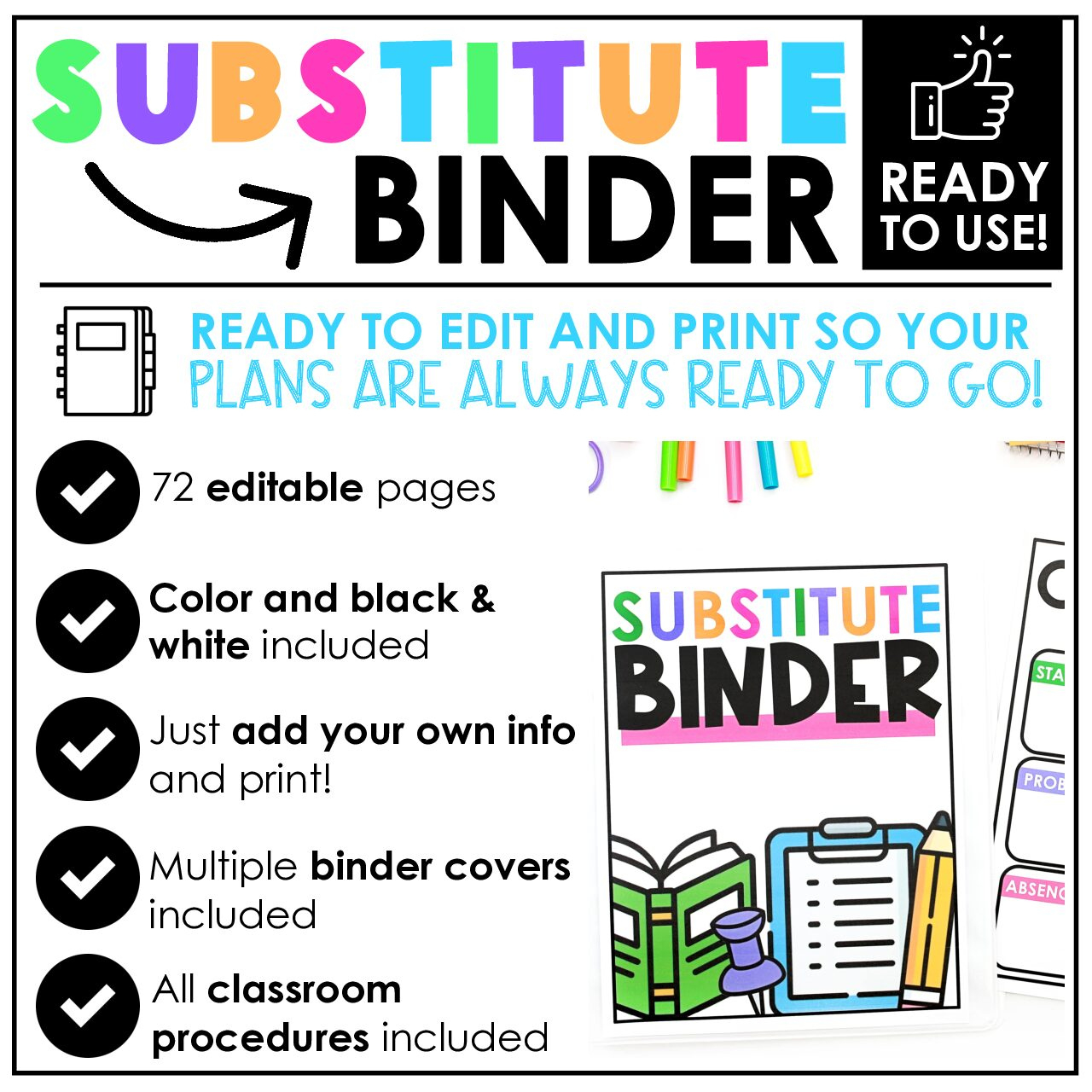 *Editable* Substitute Binder {Color &amp;amp; Black Line} within Free Substitute Teacher Binder Printables