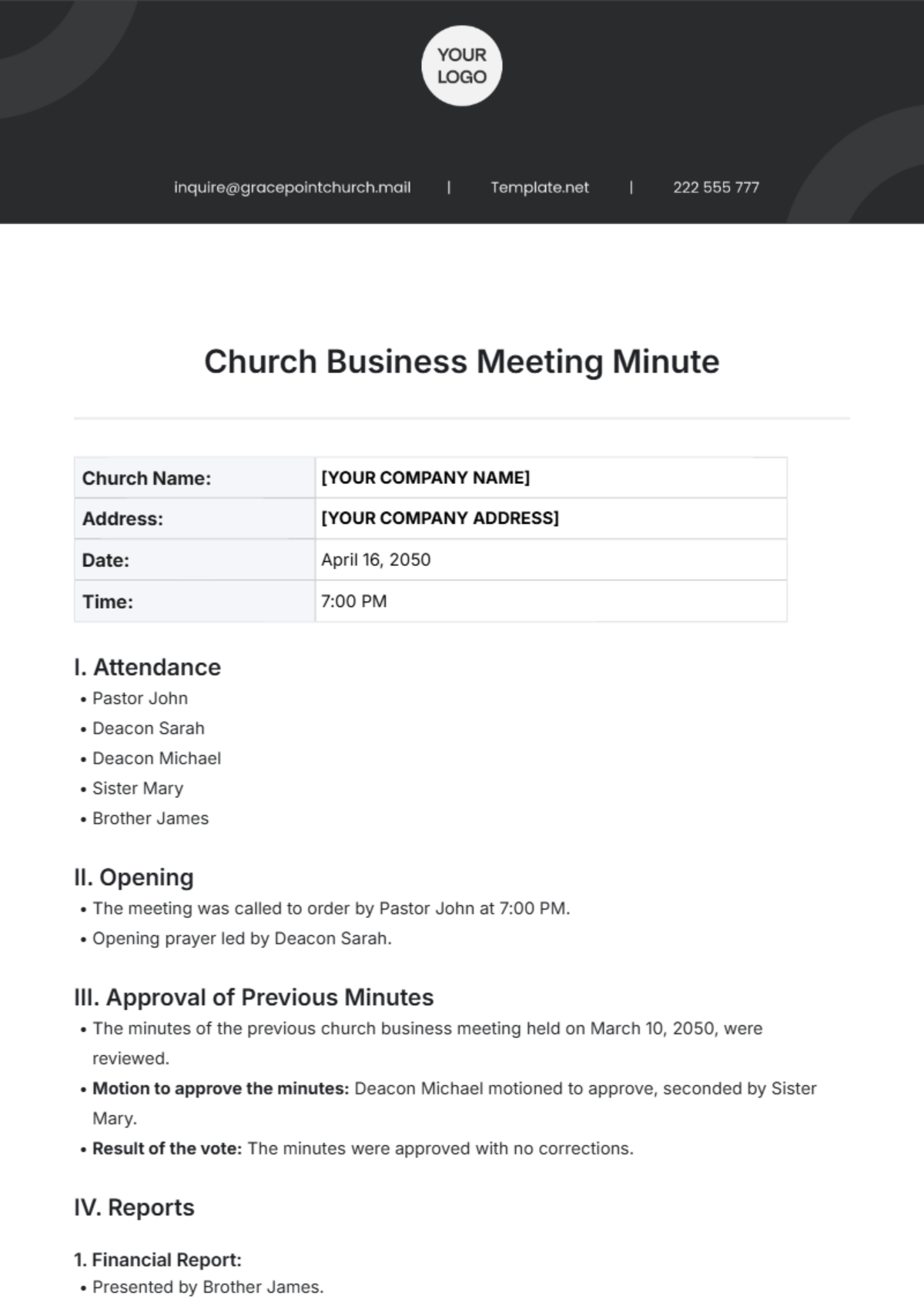Free Church Meeting Minute Templates, Editable And Printable with regard to Free Church Minutes Template