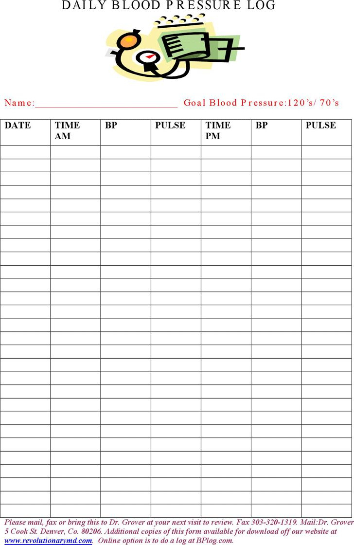 Free Daily Blood Pressure Log - Pdf | 50Kb | 2 Page(S) inside Daily Free Printable Blood Pressure Log Sheets