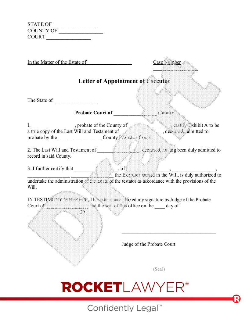 Free Letter Of Appointment Of Executor Template - Rocket Lawyer with regard to Free Printable Executor Of Estate Form