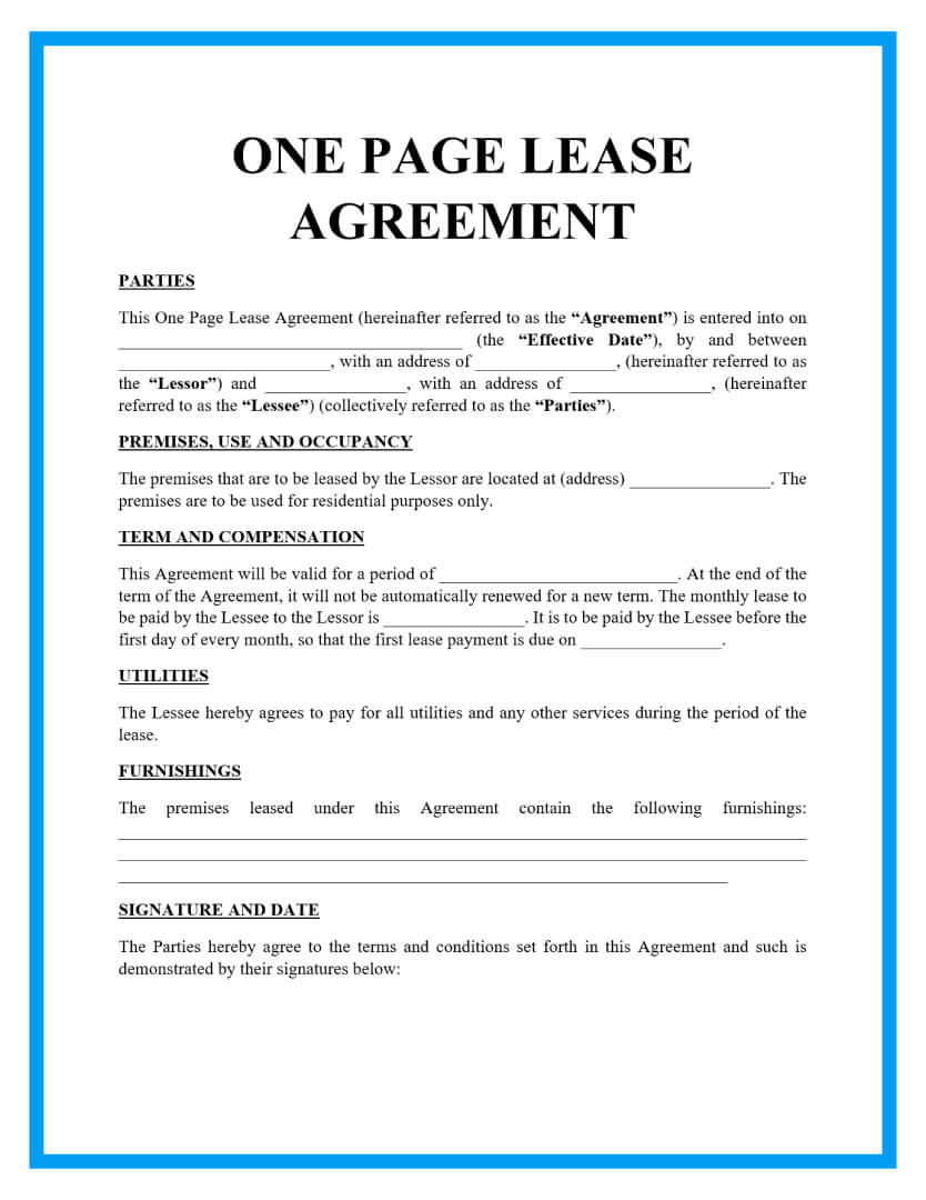Free One Page Lease Agreement Templates throughout Free Simple Residential Lease Agreement Template South Africa