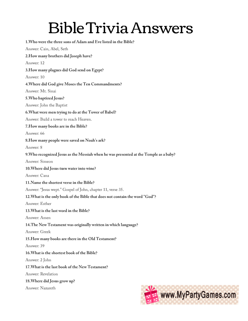 Free Printable Bible Trivia Quiz With Answer Key intended for Free Printable Bible Trivia Questions