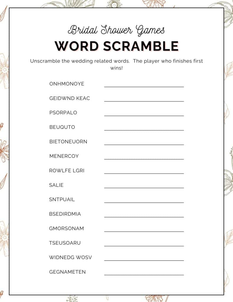 Free Printable Bridal Shower Word Scramble Game for Bridal Shower Word Scramble Free Printable