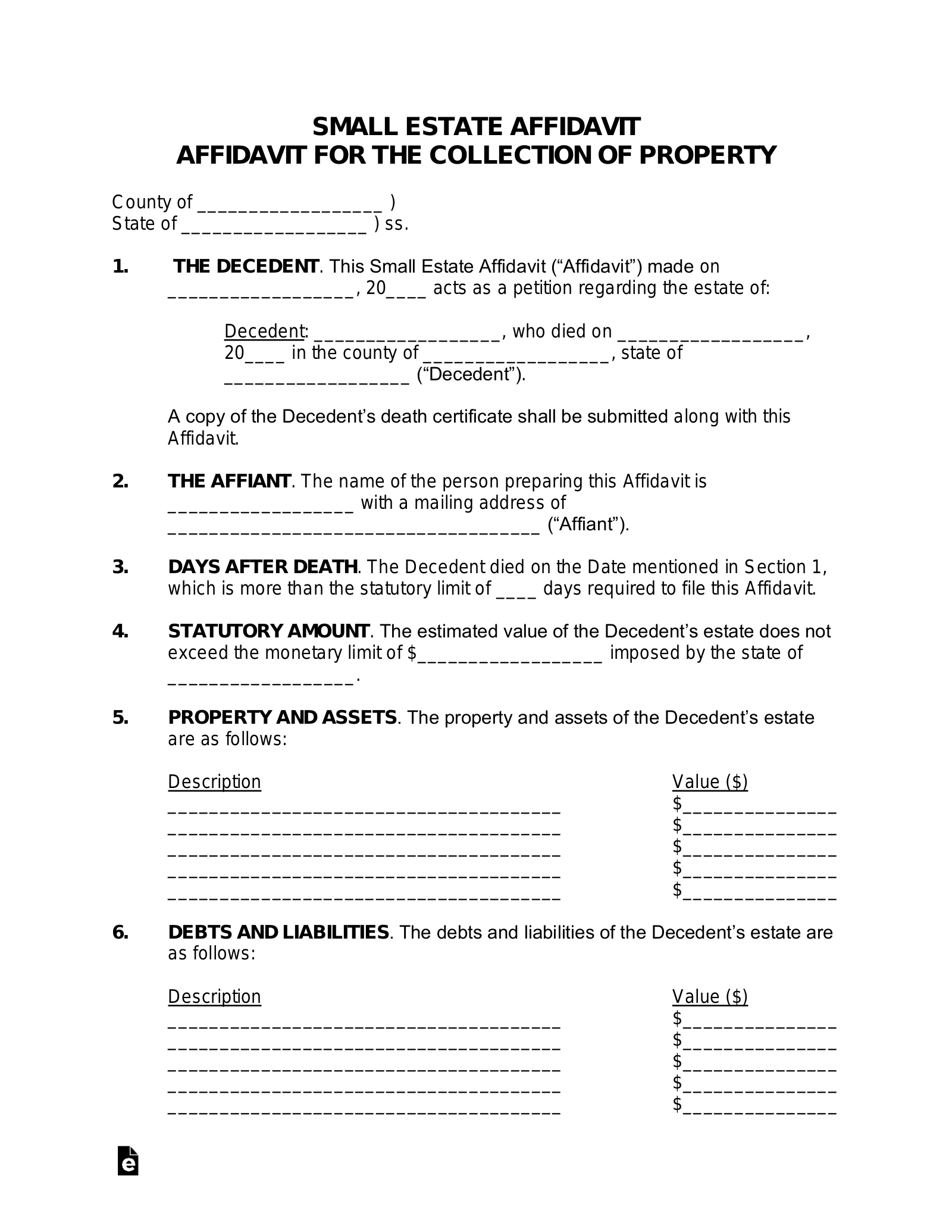 Free Small Estate Affidavit Form - Pdf | Word – Eforms within Free Printable Executor Of Estate Form