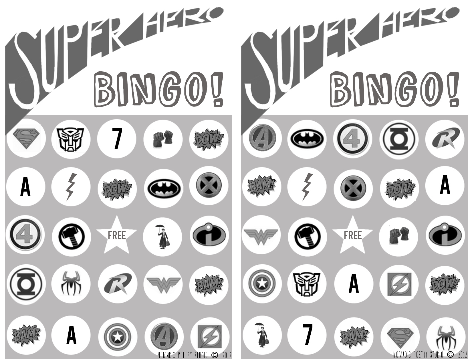 Free Super Hero Bingo Printables – Nomadic Poetry Studio with Superhero Bingo Free Printable