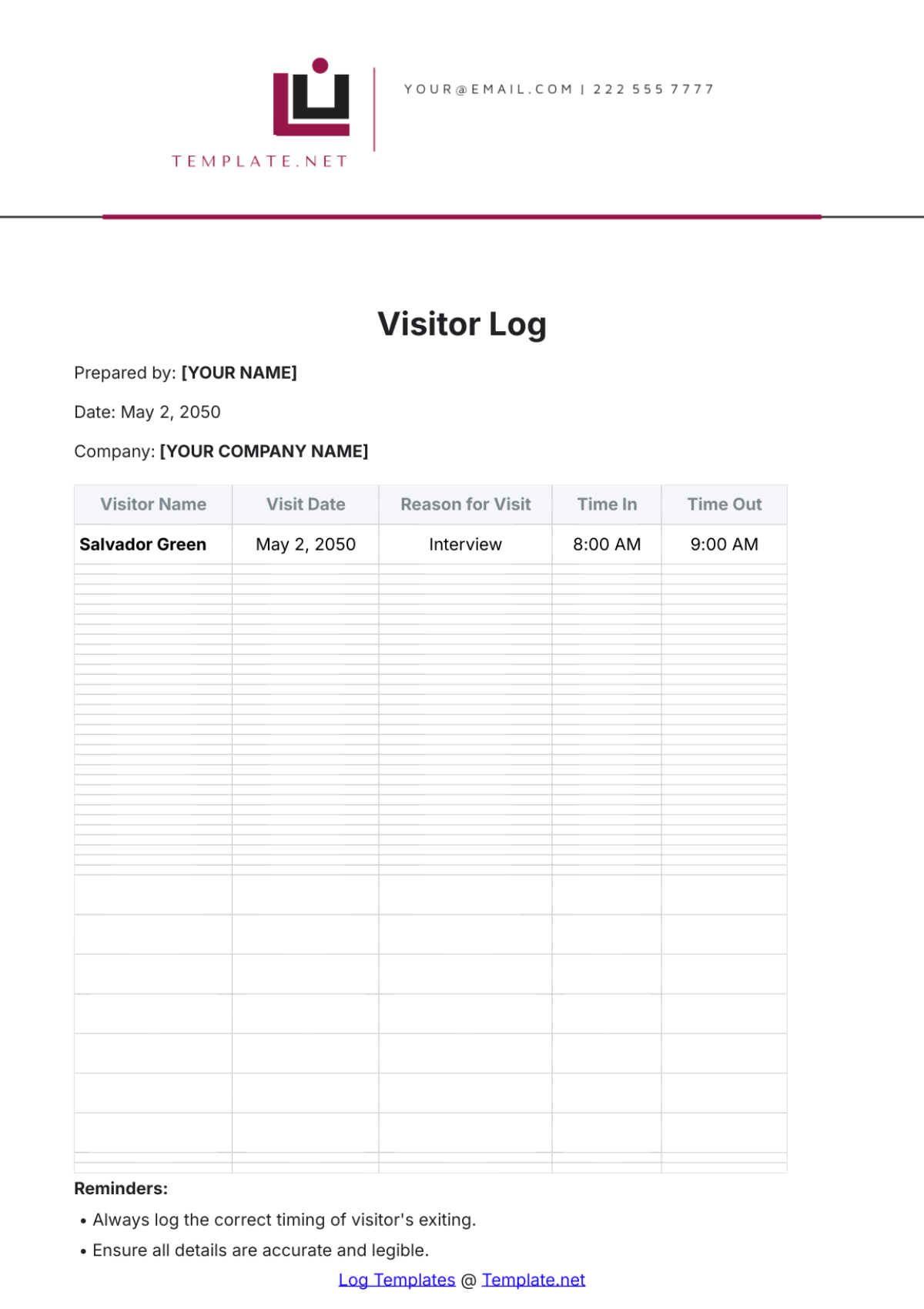 Free Visitor Log Template To Edit Online pertaining to Free Visitor Log Template