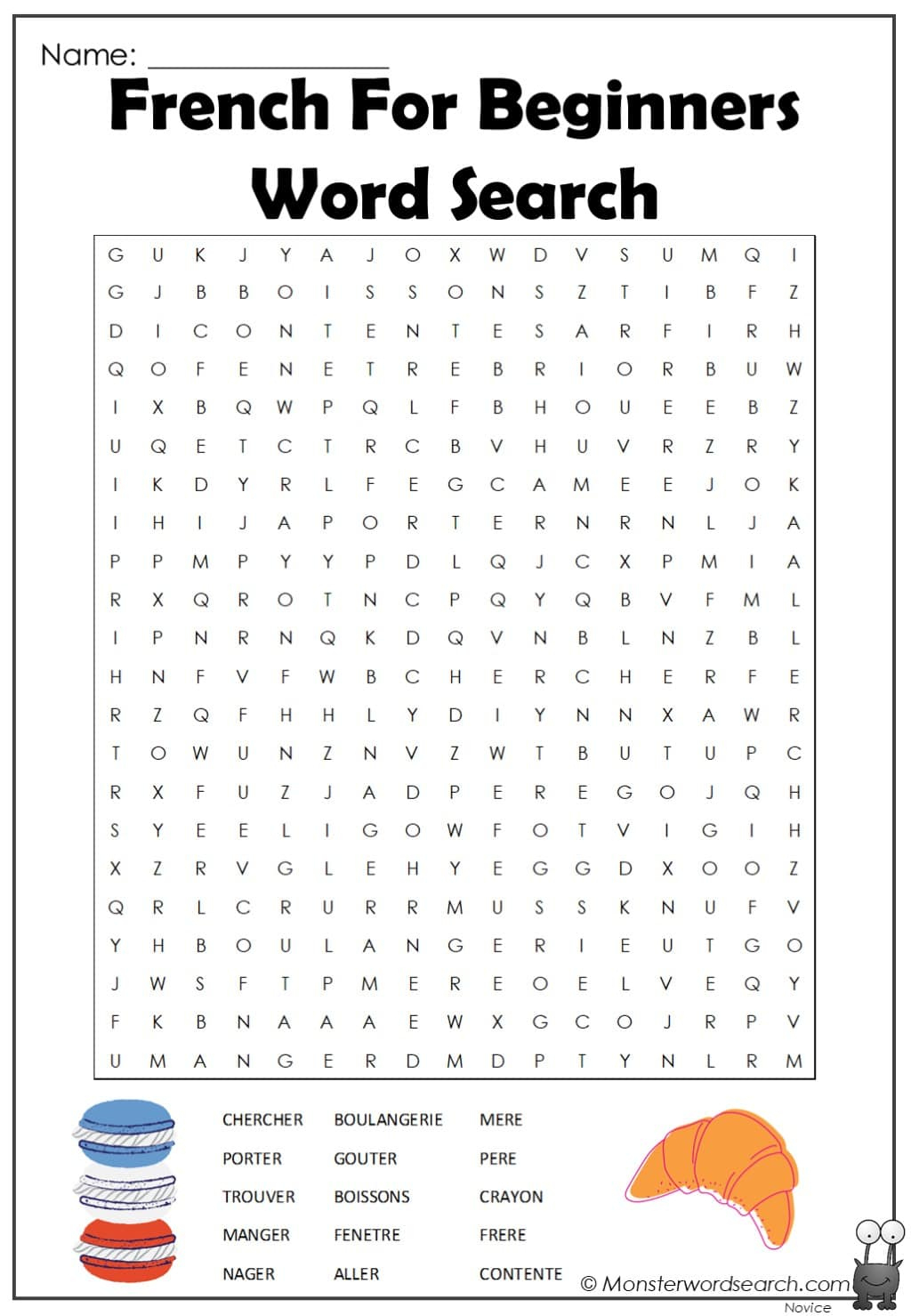 French For Beginners Word Search - Monster Word Search pertaining to French Word Searches Free Printable