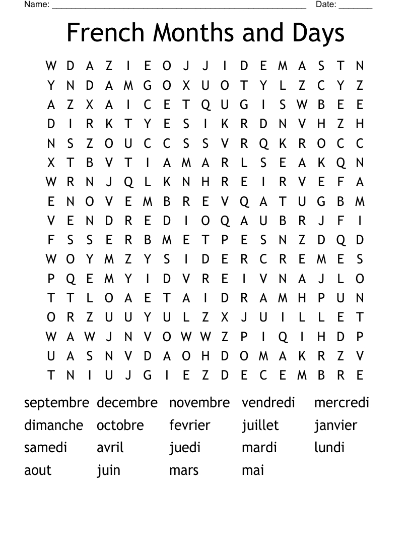 French Months And Days Word Search - Wordmint with French Word Searches Free Printable