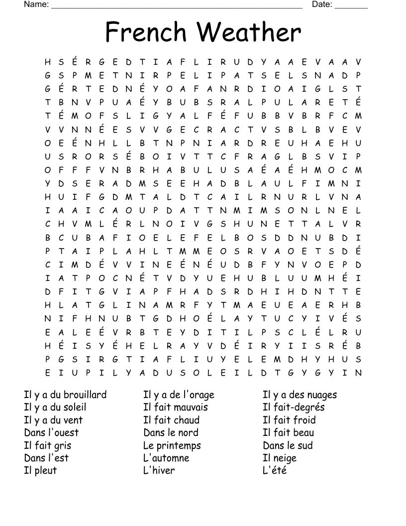 French Weather Word Search - Wordmint for French Word Searches Free Printable