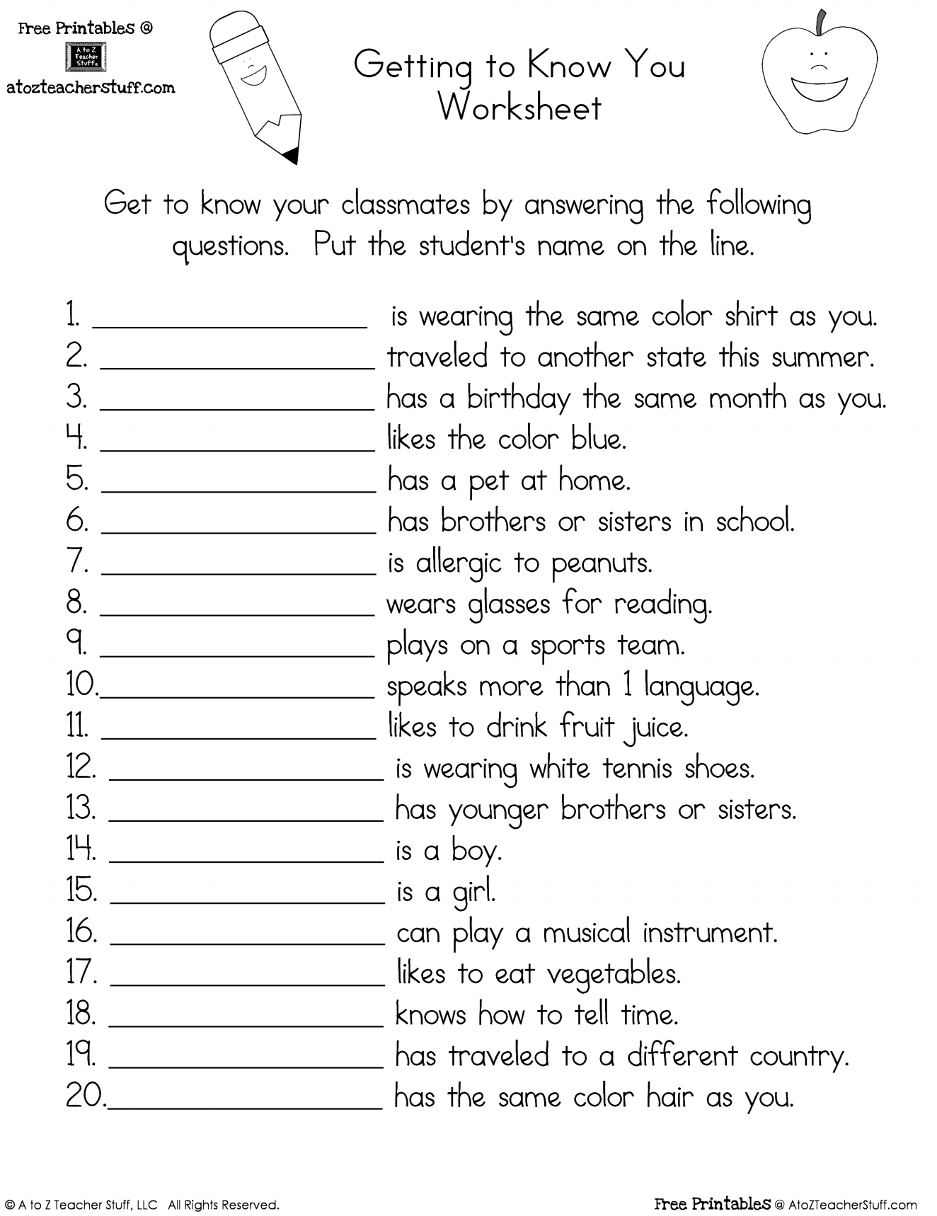 Getting To Know You Worksheet | A To Z Teacher Stuff Printable in Free Printable Getting to Know You Worksheets