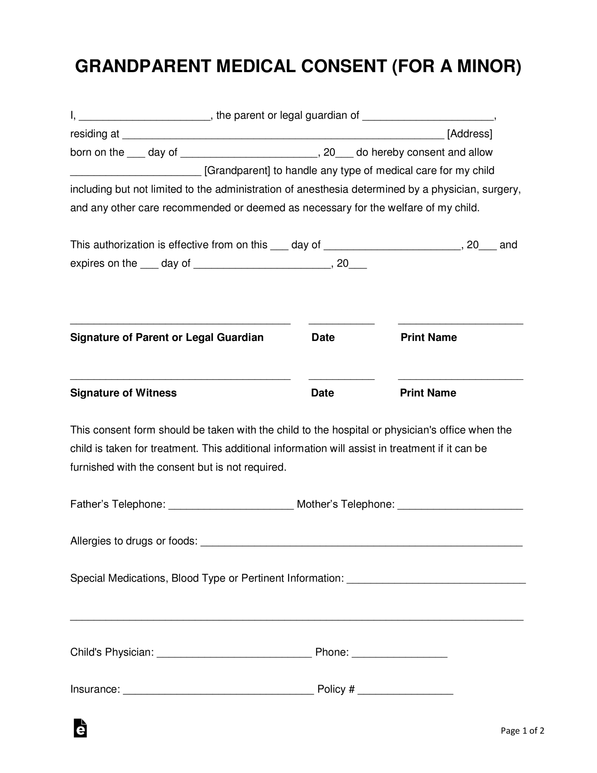 Grandparents&amp;#039; Medical Consent Form – Minor (Child) – Eforms regarding Free Printable Medical Consent Form For Grandparents