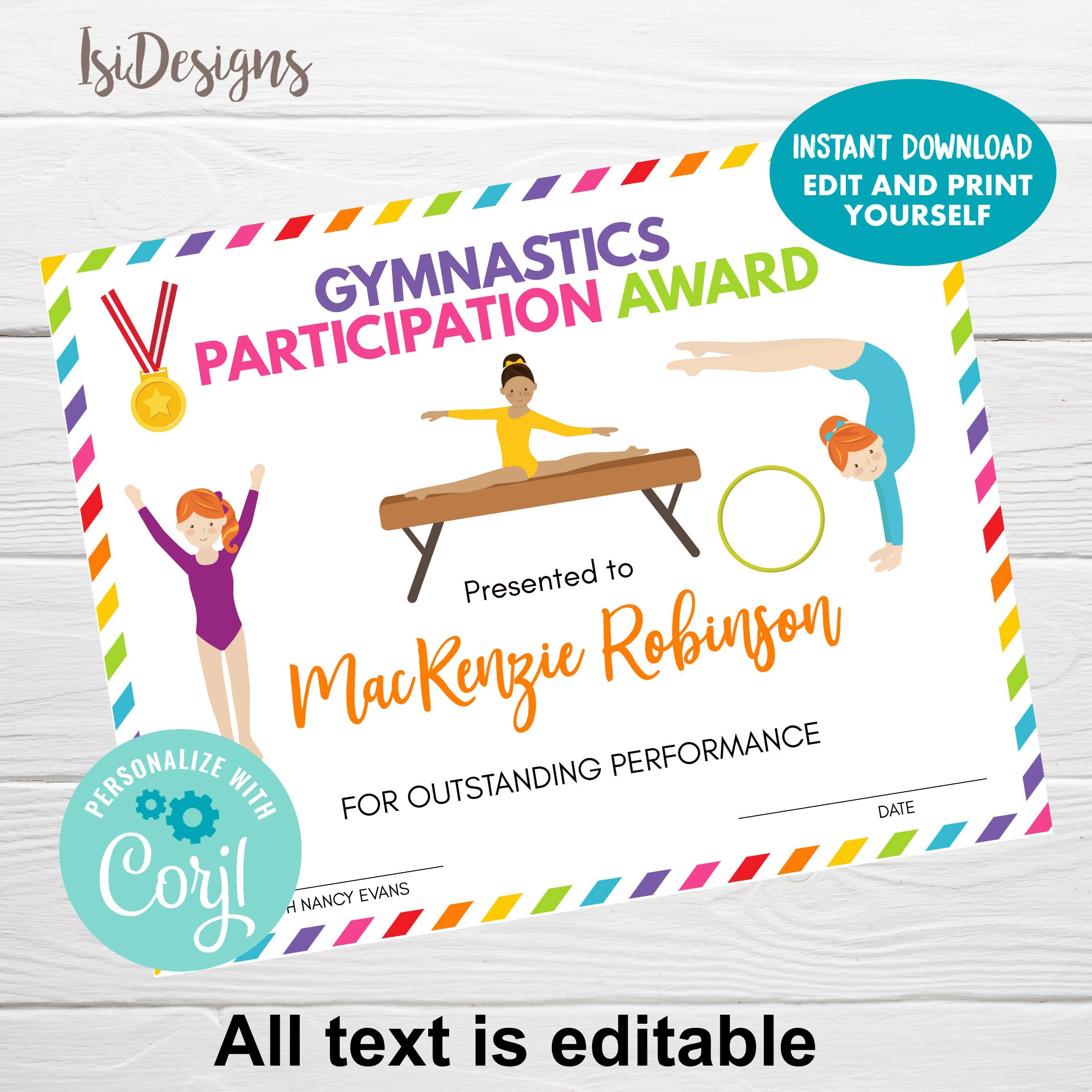 Gymnastics Editable Certificate, Instant Download, Dance for Free Printable Gymnastics Certificates