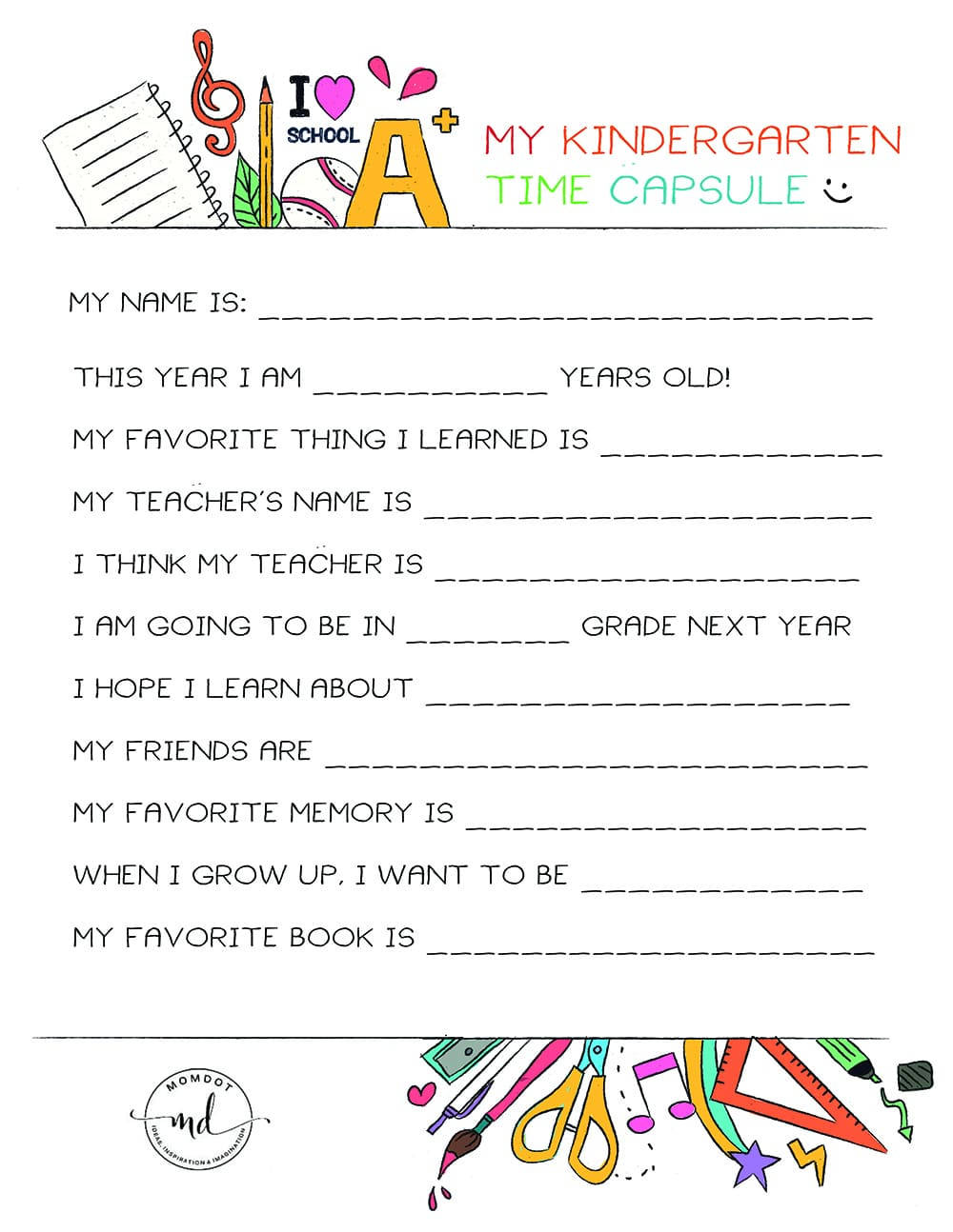Kindergarten Time Capsule Free Printable - Momdot intended for Free Time Capsule Printables