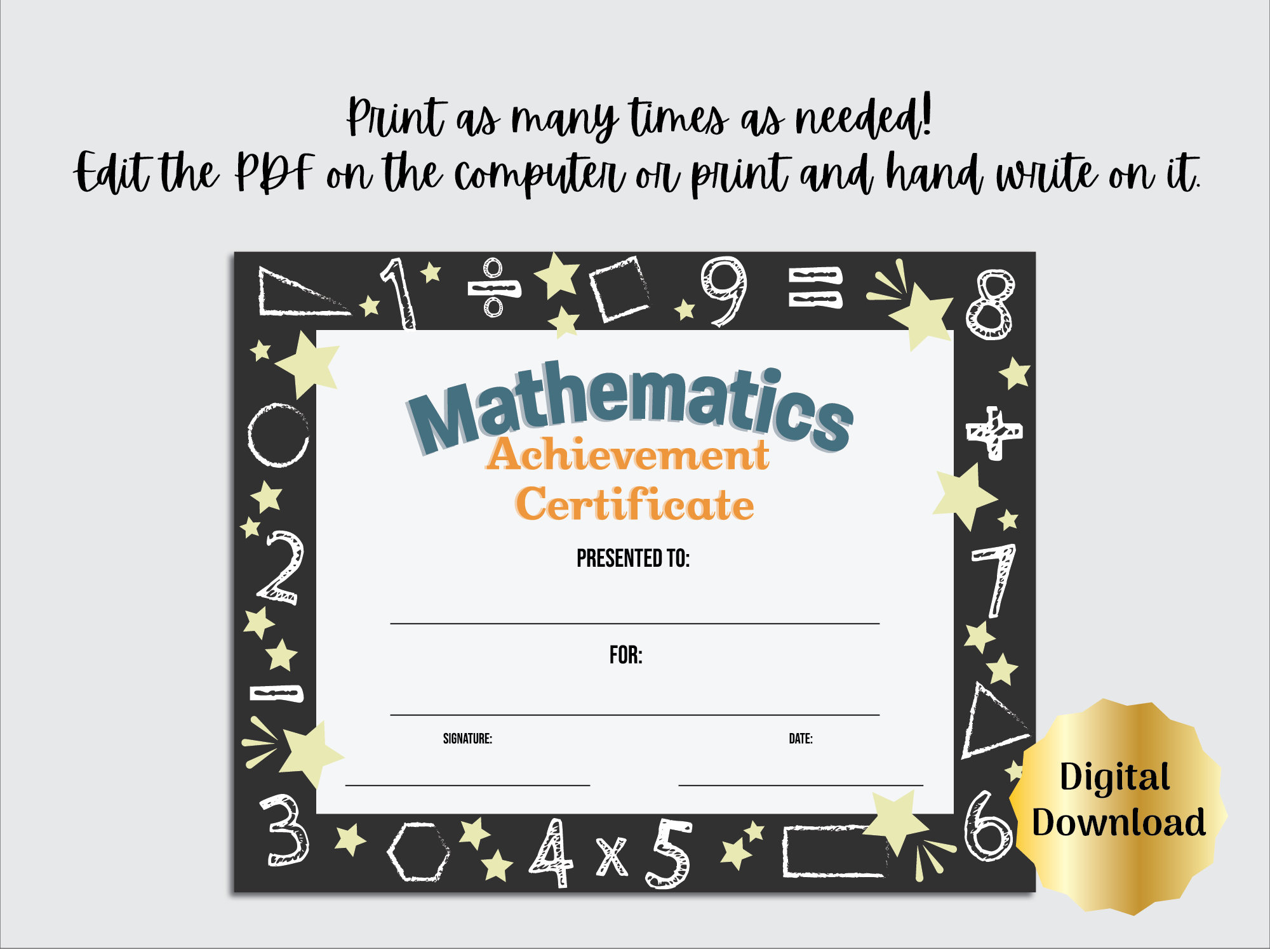 Math Certificate Award Of Recognition Template, Editable Pdf regarding Free Printable Math Awards For Students