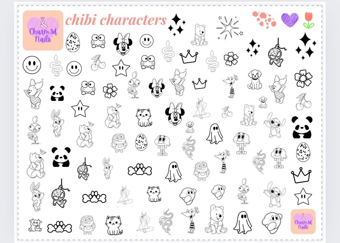 Nail Art Practice Sheet: Chibi Characters Stencil (Printable Pdf within Printable Nail Art Stencils