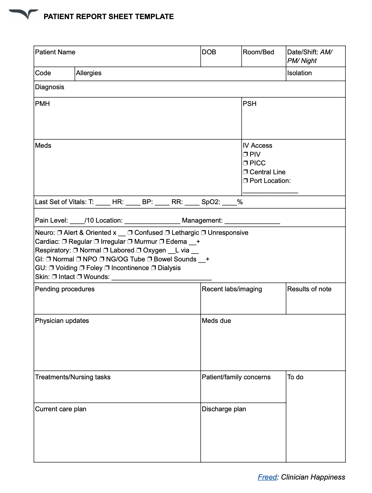Nursing Report Sheet Template — Free Download intended for Free Nursing Report Sheet Template